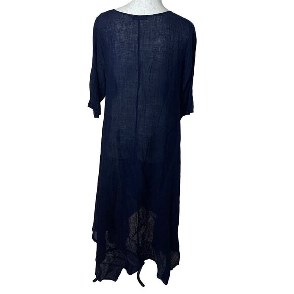 Luna Luz Maxi Dress Size Medium Blue Crossover Asymmetric Hem Lagenlook Linen - Picture 14 of 15